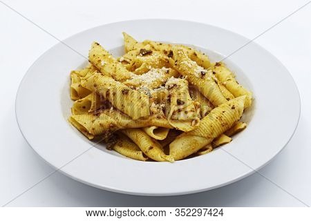 Maccheroni Al Pettine Isolated On White. Traditional Italian Pasta