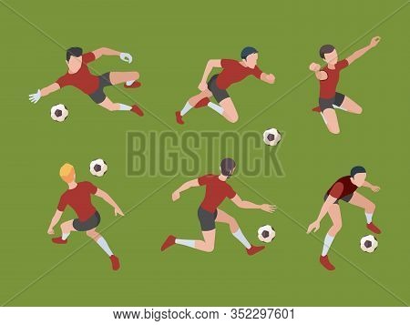 Soccer Players. Sport Characters Football Gamers In Active Poses Goalkeeper Vector Isometric Adults 