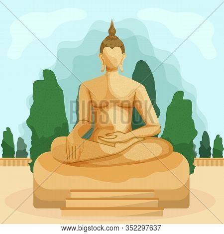 Buddha Statue In Lotus Position On Background Trees And Sky. Vector Illustration. Traveling Differen