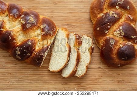 Easter Greek Tsoureki Braid, Sweet Bread Brioche On Wood