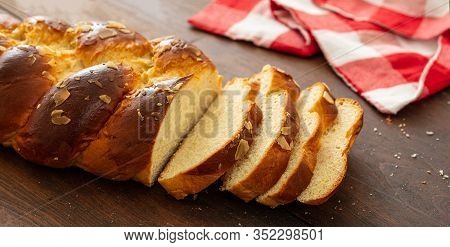 Easter Greek Tsoureki Braid, Sweet Bread Brioche On Wood