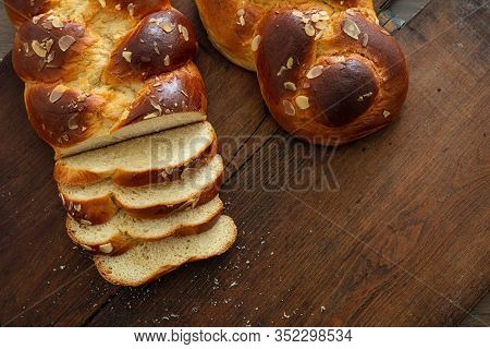 Easter Greek Tsoureki Braid, Sweet Bread Brioche On Wood