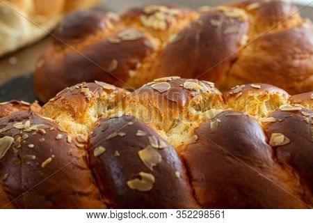 Easter Greek Tsoureki Braid, Sweet Bread Brioche Background