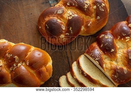 Easter Greek Tsoureki Braid, Sweet Bread Brioche On Wood