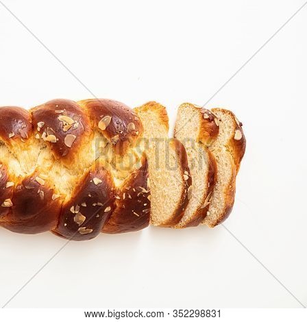 Easter Greek Tsoureki Braid, Sweet Bread Brioche Isolated On White