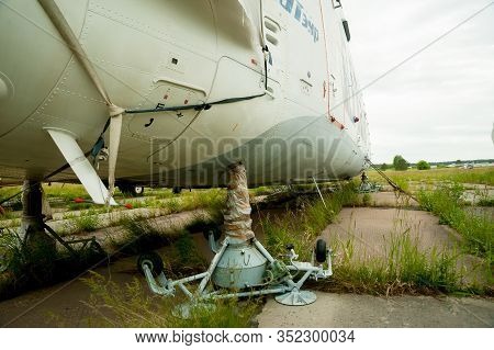 Tyumen, Russia - June 19, 2019: Aircraft Repair Helicopter Utair Engineering Plant. Old Mi-10k Helic