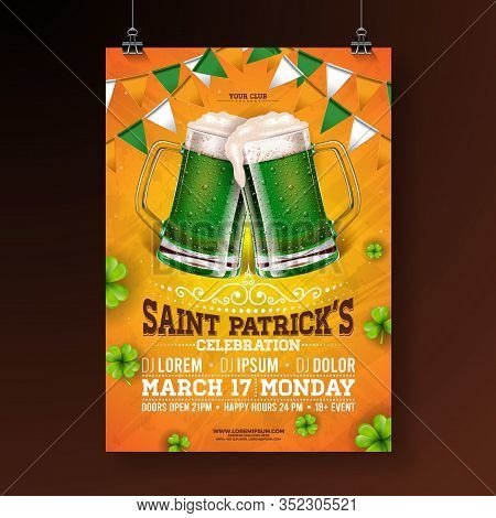 Saint Patricks Day Party Flyer Illustration With Green Beer, Flag And Clover On Orange Background. V