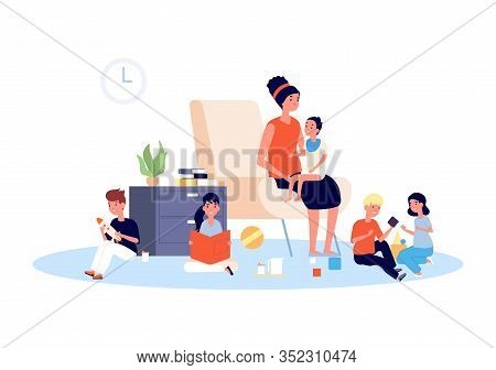 Nanny With Children. Babysitter, Infant Baby And Playing Kids. Large Family Or Motherhood, Mother Wi