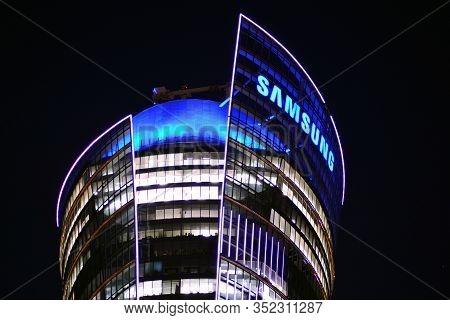 Warsaw, Poland. 10 September 2018. Sign Samsung . Company Signboard Samsung.