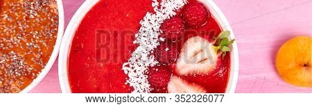 Banner Of Smoothie Bowls. Healthy Breakfast Bowl On Pink Background.