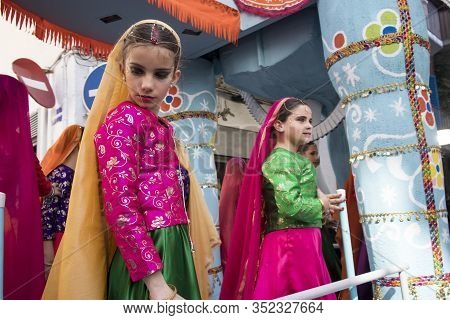 Sitges, Spain - February 23, 2020: People At Last Day Of Sitges Carnival. Burial Carnestoltes - 