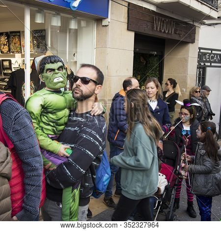 Sitges, Spain - February 23, 2020: People At Last Day Of Sitges Carnival. Burial Carnestoltes - 