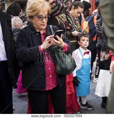 Sitges, Spain - February 23, 2020: People At Last Day Of Sitges Carnival. Burial Carnestoltes - 