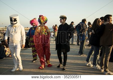 Sitges, Spain - February 23, 2020: People At Last Day Of Sitges Carnival. Burial Carnestoltes - 