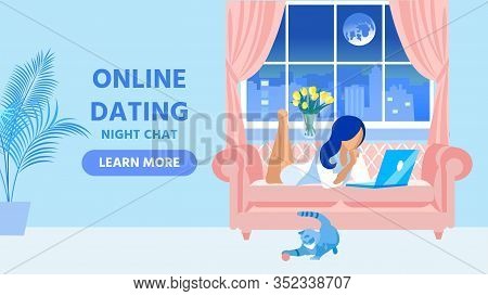 Bright Poster, Online Dating Night Chat Evening. Girl Is Alone At Home Lying On Couch And Uses Lapto