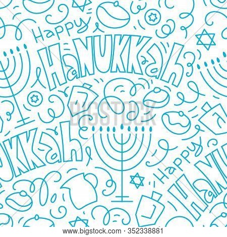 Happy Hanukkah Seamless Pattern Background. Holiday Symbols Menorah Candlestick , Candles, Donuts, D