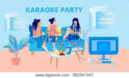 Informational Poster, Karaoke Home Party Friends. Group Girls Sit On Couch, Sing Karaoke For Points 