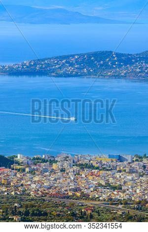 Volos City And Sea Gulf Aerial View From Makrinitsa, Pelion Mount, Greece