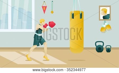 Cartoon Boxer Character Wearing Boxing Gloves Trains In Gym Before Competition With Sports Awards On