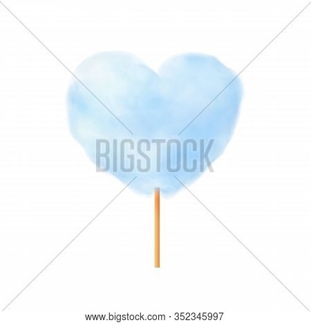 Blue Heart Shape Cotton Candy. Realistic Blue Heart Shape Cotton Candy On Wooden Stick. Summer Tasty