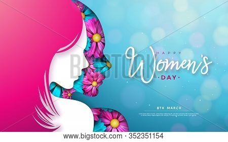 8 March. Womens Day Greeting Card Design With Young Woman Silhouette And Flower. International Femal