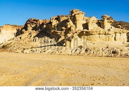 The Enchanted City Of Bolnuevo, Eroded Yellow Sandstone Formations, Murcia Spain. Tourist Attraction