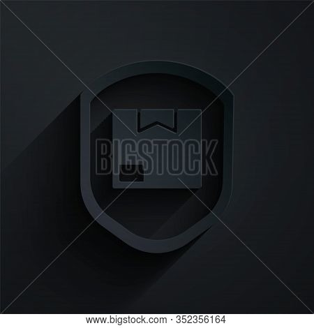 Paper Cut Delivery Pack Security With Shield Icon Isolated On Black Background. Delivery Insurance. 