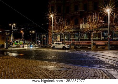 Mainz, Germany - January 28, 2020: Night Streets Near The Main Station In Mainz, Germany.