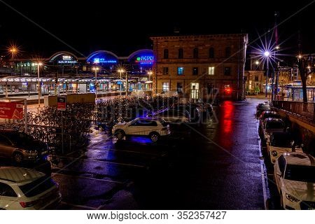 Mainz, Germany - January 28, 2020: Night Streets Near The Main Station In Mainz, Germany.