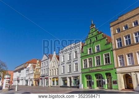 Gustrow, Germany - April 19, 2019: Colorful Shops On The Market Square Of Gustrow, Germany