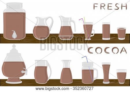 Illustration On Theme Big Kit Different Types Glassware, Cocoa In Jugs Various Size. Glassware Consi