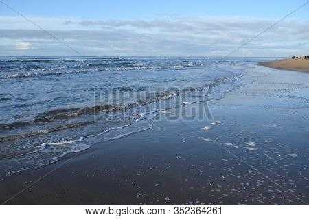 Dutch Landscape, North Sea Sandy Beach During Low Tide Near Castricum Aan Zee, Winter In Netherlands
