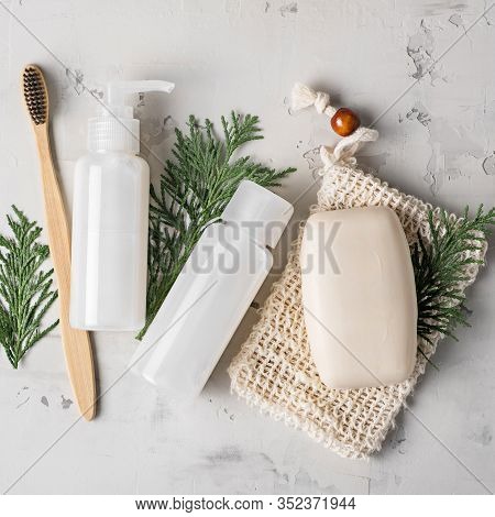 Zero Waste, Sustainable Bathroom And Lifestyle. Bamboo Toothbrush, Natural Soap, Homemade Diy Beauty