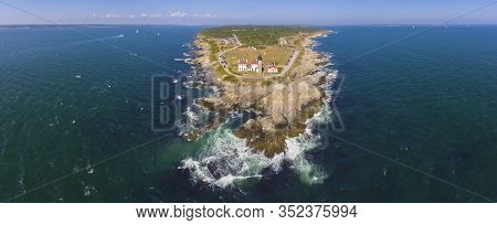 Beavertail Lighthouse In Beavertail State Park Aerial View In Summer, Jamestown, Rhode Island Ri, Us
