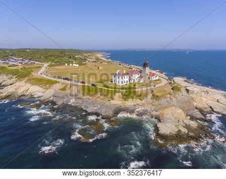 Beavertail Lighthouse In Beavertail State Park Aerial View In Summer, Jamestown, Rhode Island Ri, Us