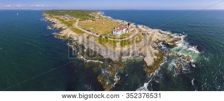 Beavertail Lighthouse In Beavertail State Park Aerial View In Summer, Jamestown, Rhode Island Ri, Us