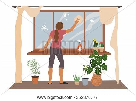 Spring House Cleaning, Woman Washes A Window In The Flat. Vector Illustration