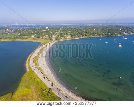 Mackeral Cove Beach And Dutch Island Harbor At Narragansett Bay Aerial View In Summer, Jamestown, Rh