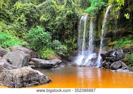 Beautiful waterfall in tropical forest, Phnom Kulen National Park on Kulen Plateau, Cambodia, Indochina