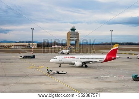 Budapest, Hungary - February 2020: Iberia Airlines Aircraft On Runway Of Budapest Ferenc Liszt Inter