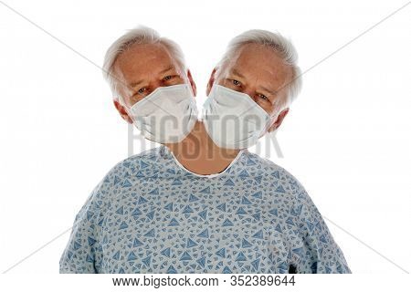 Man with Two Heads. A medical patient with TWO HEADS on One Body. Isolated on white. Room for text. Clipping Path. A Two Headed Man enjoys enjoys a special day out of the hospital. Siamese Twin Man.  