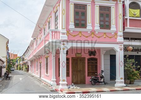 Phuket, Thailand - 2nd September 2012: Looking Down Soi Romanee From Thalang Road. Many Shop Houses 