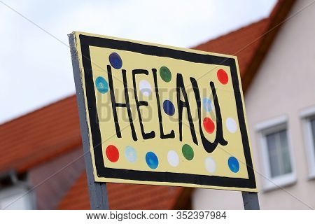 Party Label With Streamer, Text Helau Means Happy Carnival