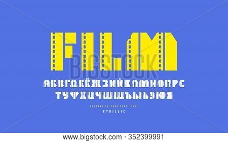 Cyrillic Sans Serif Decorative Font In The Form Of Cinema Film