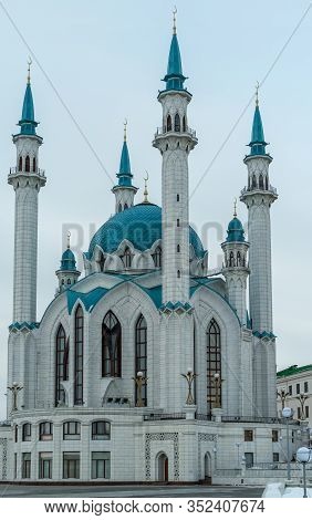 White Mosque With Blue Domes During The Day, Blue Sky. Vertical View. Kazan Kremlin, The Main Cathed