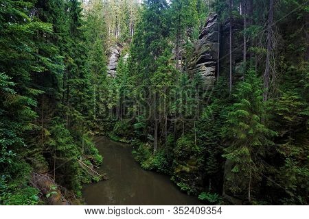 The Kirnitzsch River Flowing Through Forest With Sandstone Rocks