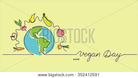 World Vegan Day Hand Drawn Vector Illustration. Vegetarian Color Background With Planet, Vegetables 