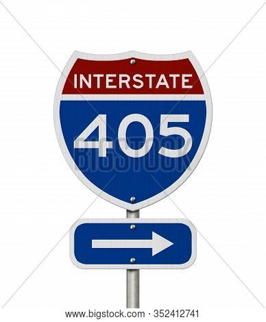 I-405 Interstate Usa Red And Blue Highway Road Sign Isolated Over White 3d Illustration