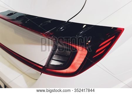 Car Detail. New Led Taillight By Night. The Rear Lights Of The Car, In Hybrid Sports Car. Developed 