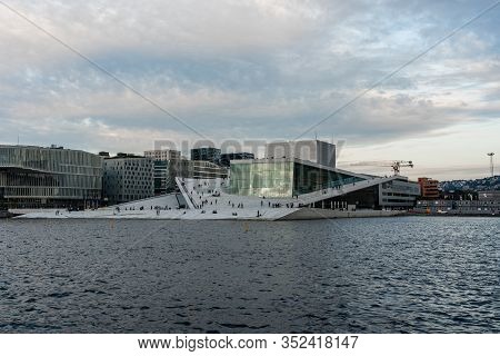 Editorial 08.31.2019 Oslo Norway Low Angel View Of The Spectacular Opera House By The Water In The S
